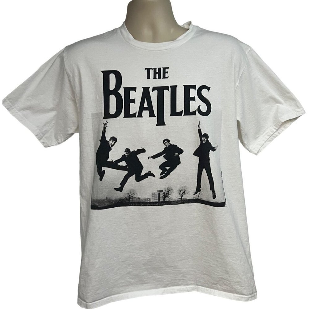 Beatles Mens White Black Graphic T-Shirt Large Cotton Rock N Roll Music Band Tee